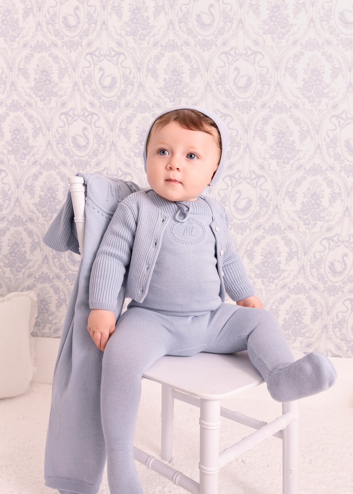 Blue Embossed Emblem knit Footie, Bonnet and Blanket -Boys