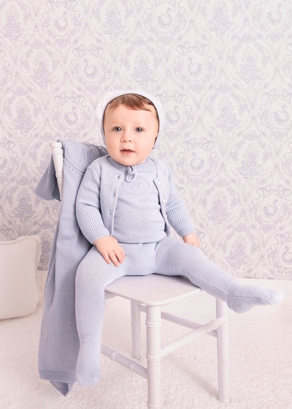 Blue Embossed Emblem knit Footie and Bonnet -Boys