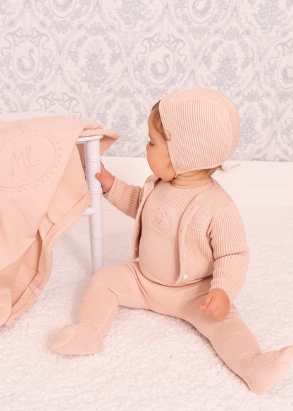 Pink Embossed Emblem knit Cardigan and Bonnet -Girls