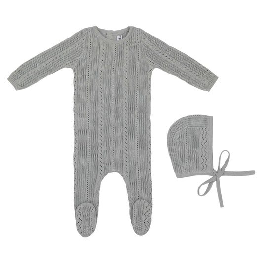 Pointelle Knit Footie and Hat-Blue
