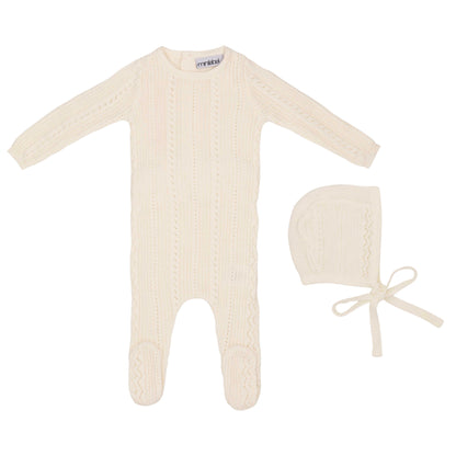 Pointelle Knit Footie and Hat-Ivory
