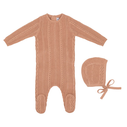 Pointelle Knit Footie and Hat-Rose