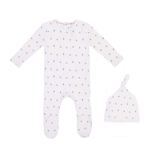 White Nautical Print Footie and Hat-Boys