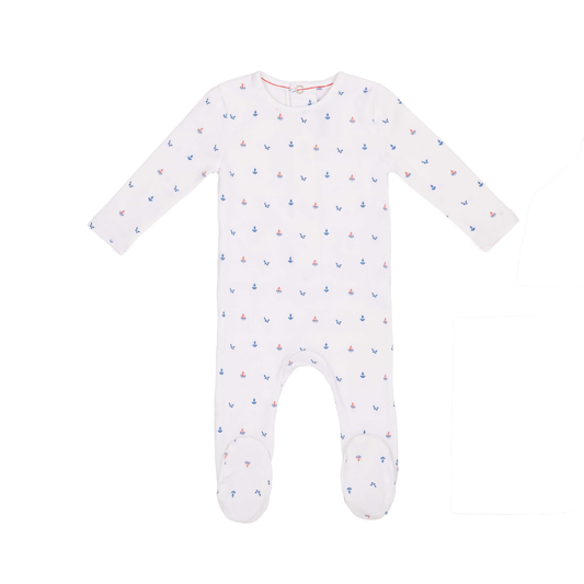 White Nautical Print Footie- Boys