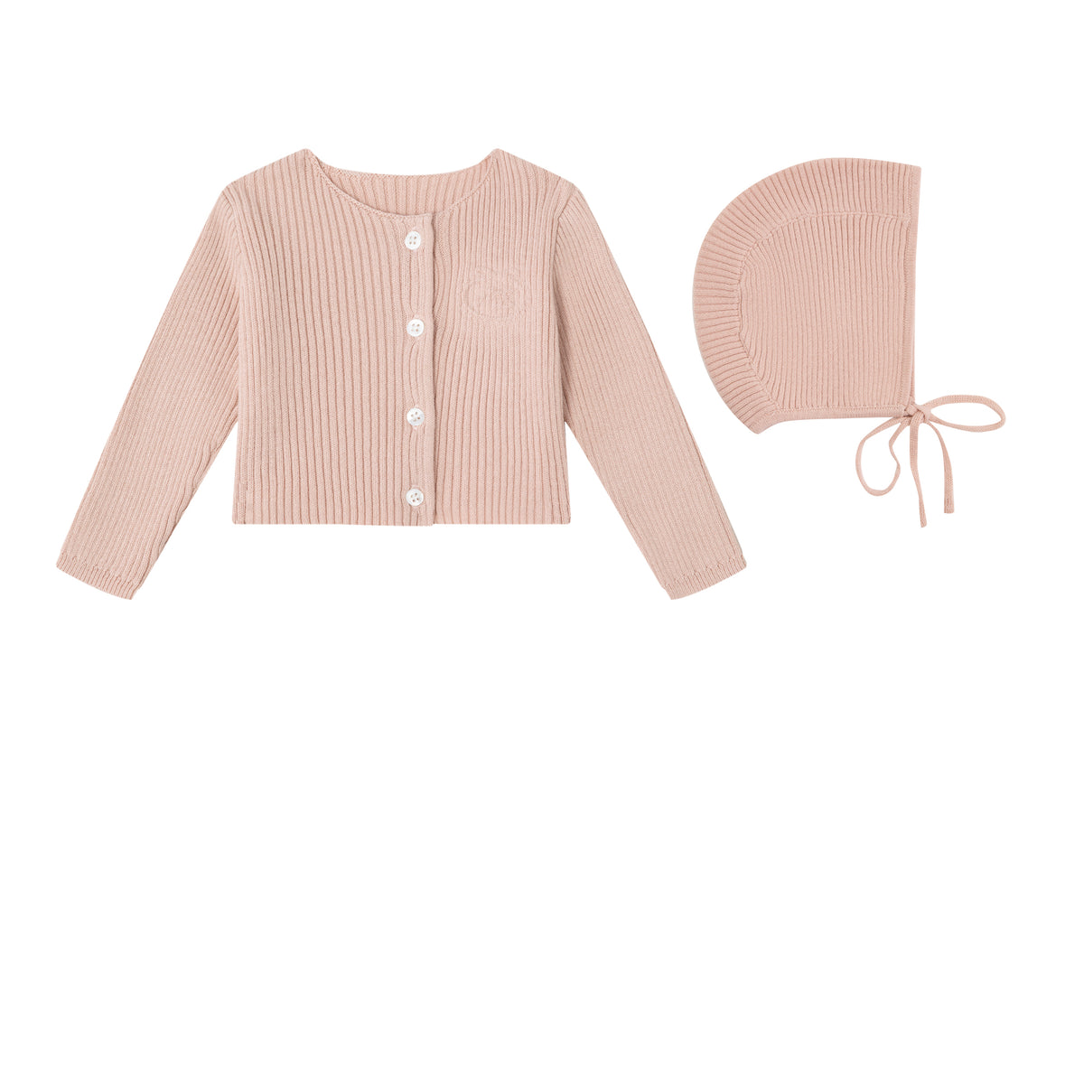 Pink Embossed Emblem knit Cardigan and Bonnet -Girls