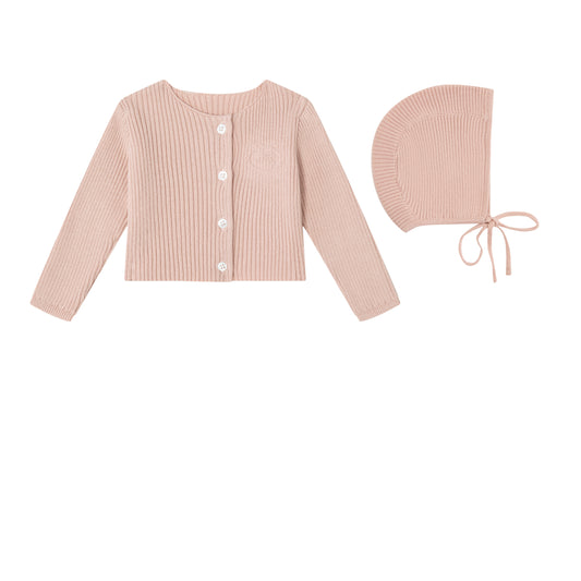 Pink Embossed Emblem knit Cardigan and Bonnet -Girls