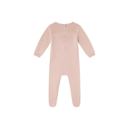 Pink Embossed Emblem knit Footie and Bonnet -Girls