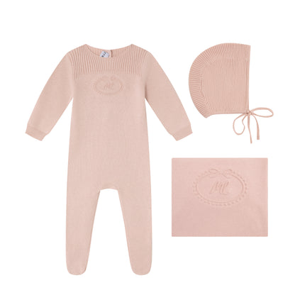 Pink Embossed Emblem knit Footie, Bonnet and Blanket -Girls