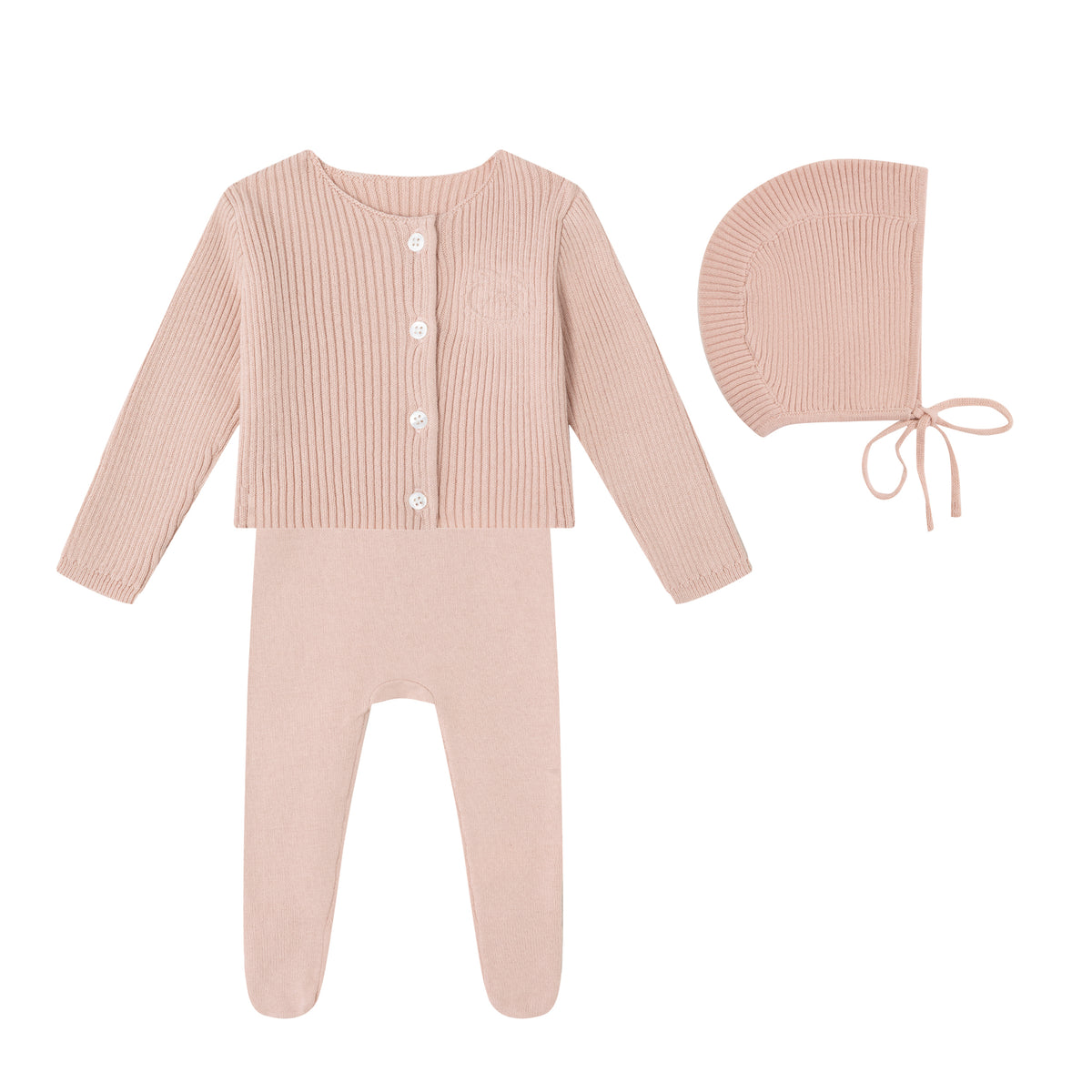 Pink Embossed Emblem knit Footie, Bonnet and Cardigan-Girls