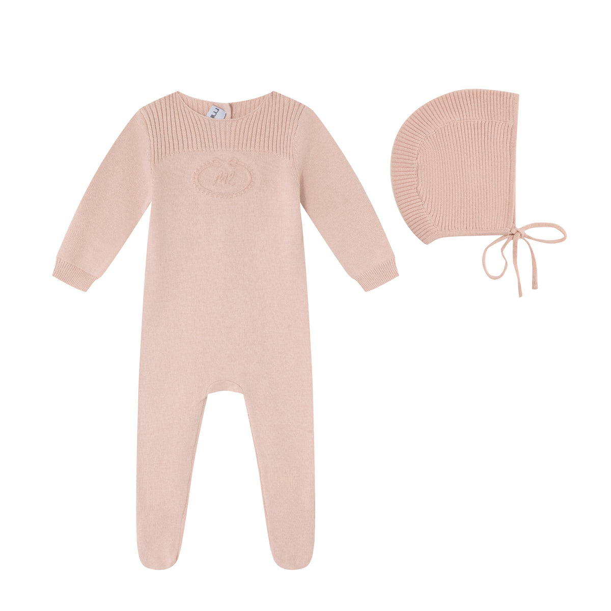 Pink Embossed Emblem knit Footie and Bonnet -Girls