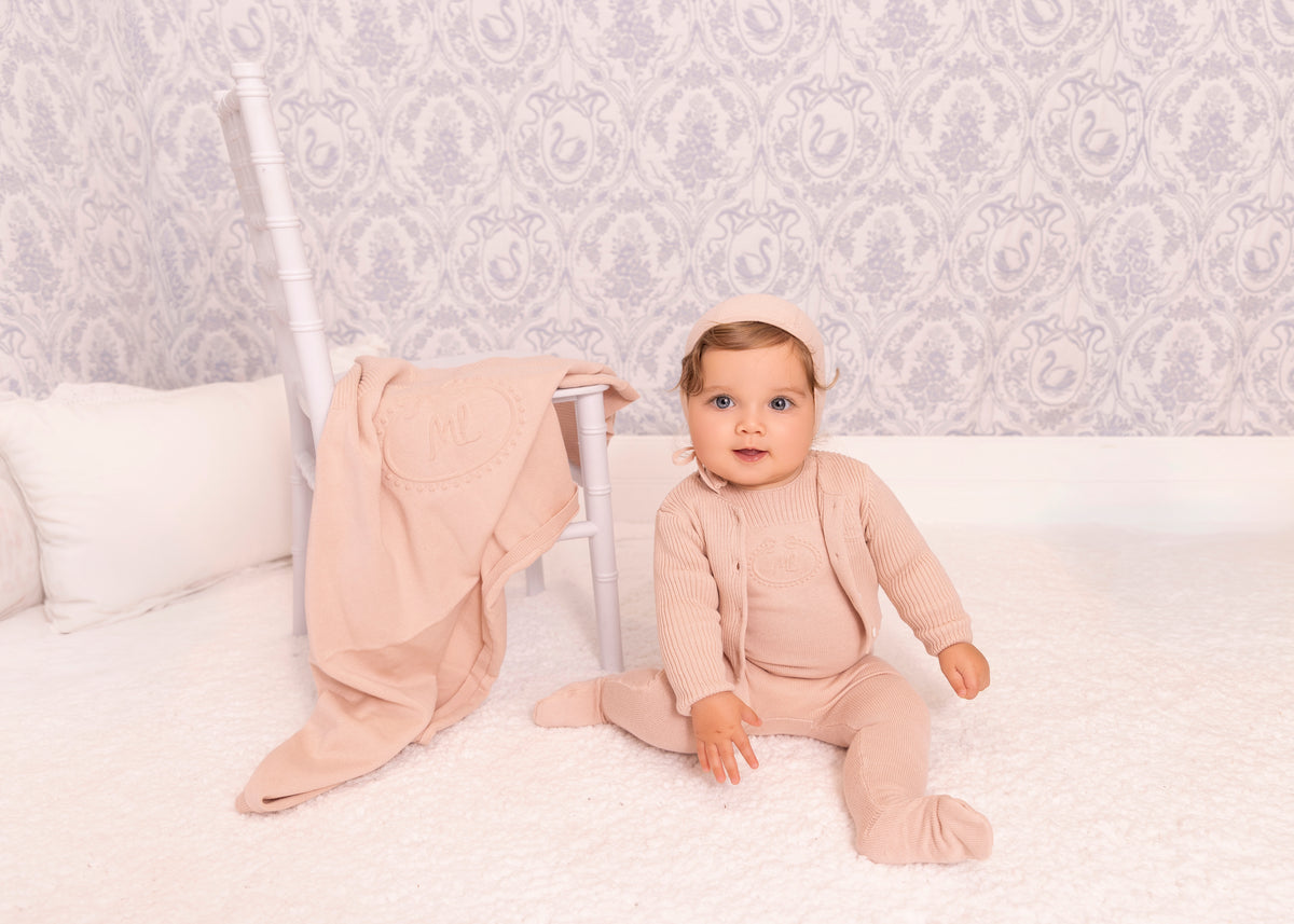 Pink Embossed Emblem knit Cardigan and Bonnet -Girls