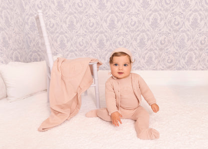 Pink Embossed Emblem knit Cardigan and Bonnet -Girls