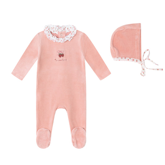 Pink Floral Collared Velour Footie and Bonnet - Girls