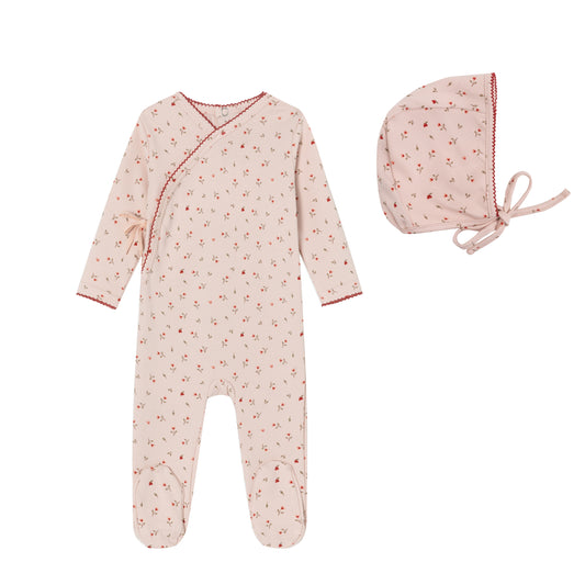 Pink Heart Printed Kimono Footie and Bonnet - Girls