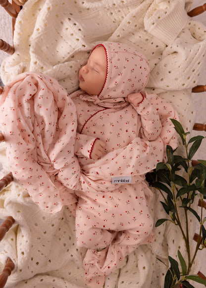 Pink Heart Printed Kimono Footie and Bonnet - Girls