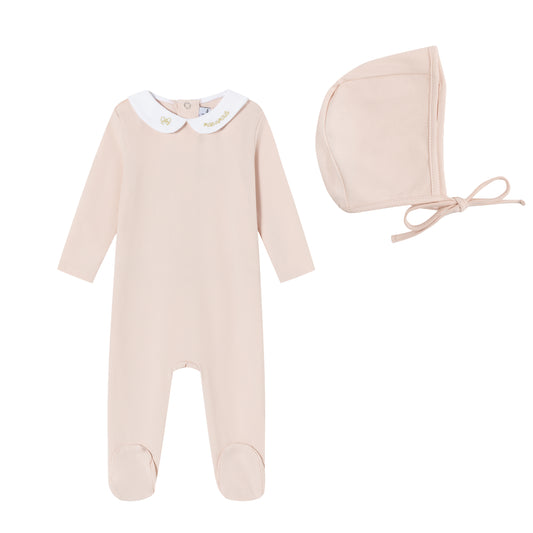 Pink Metallic Embroidered Footie and Hat - Girls