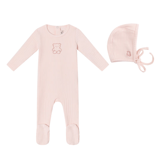 Pink Pointelle Bear Footie and Hat- Girls