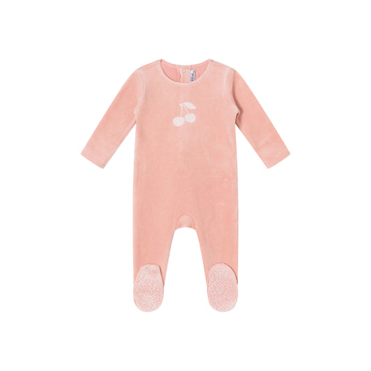Pink Toile Printed Cherry Velour Footie - Girls