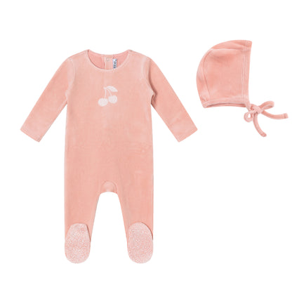 Pink Toile Printed Cherry Velour Footie and Bonnet - Girls