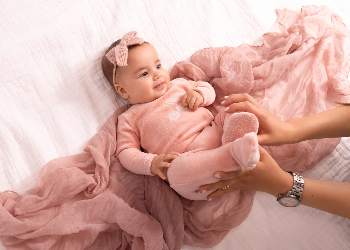 Pink Toile Printed Cherry Velour Footie - Girls