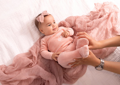 Pink Toile Printed Cherry Velour Footie - Girls