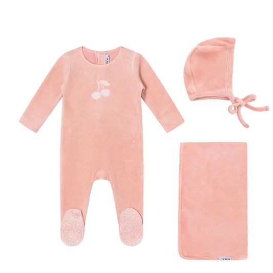Pink Toile Printed Cherry Velour Set - Girls