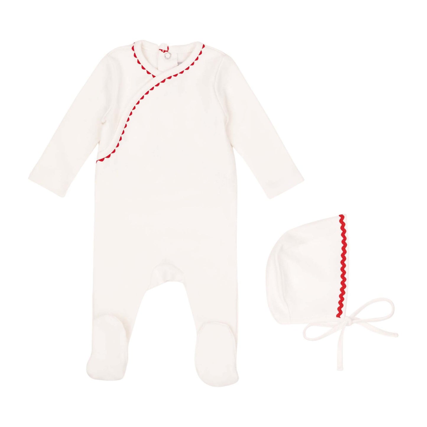 Classic Ric Rac Footie and Hat-Red on White