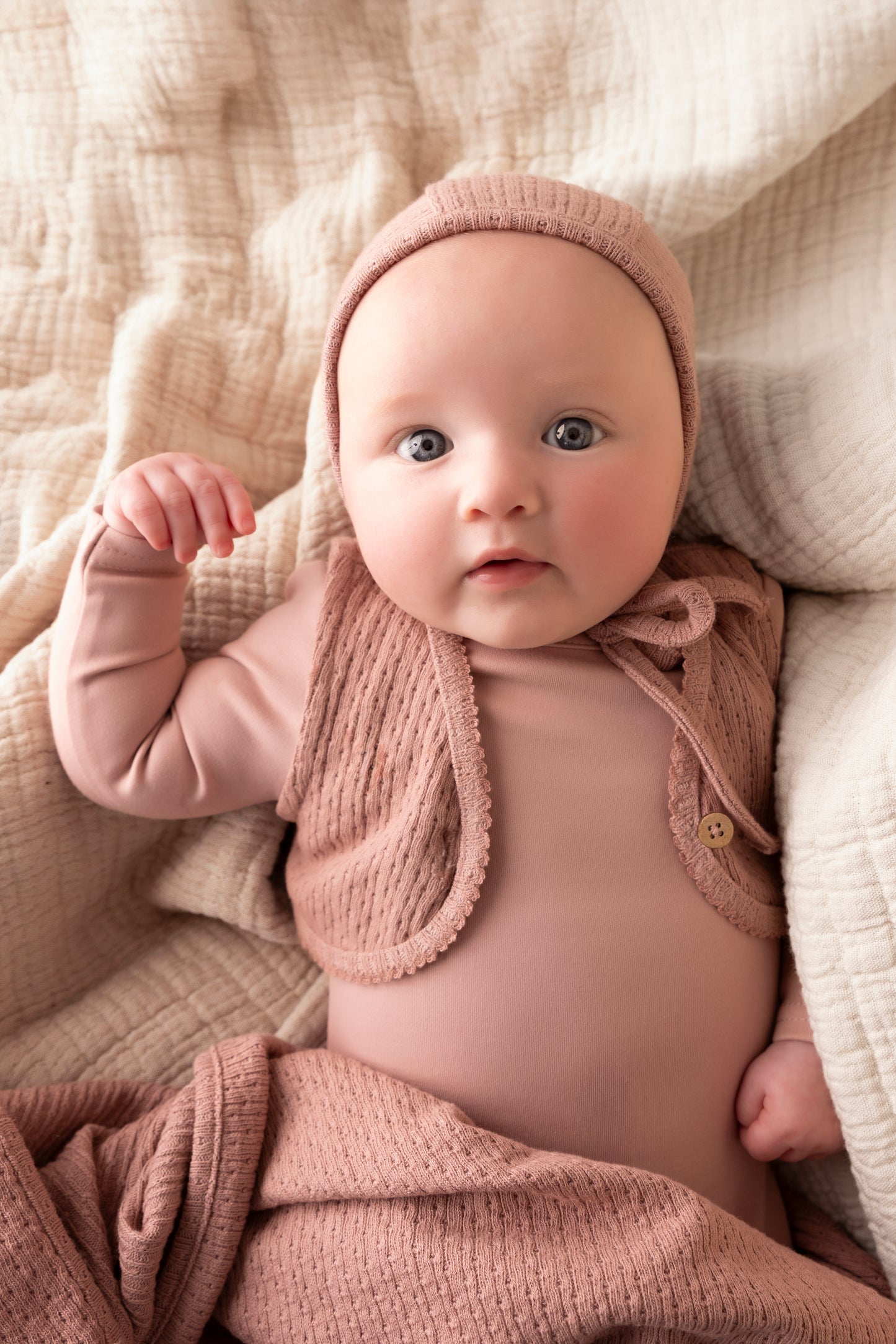 Rose Pink Knit Vest Footie and Bonnet