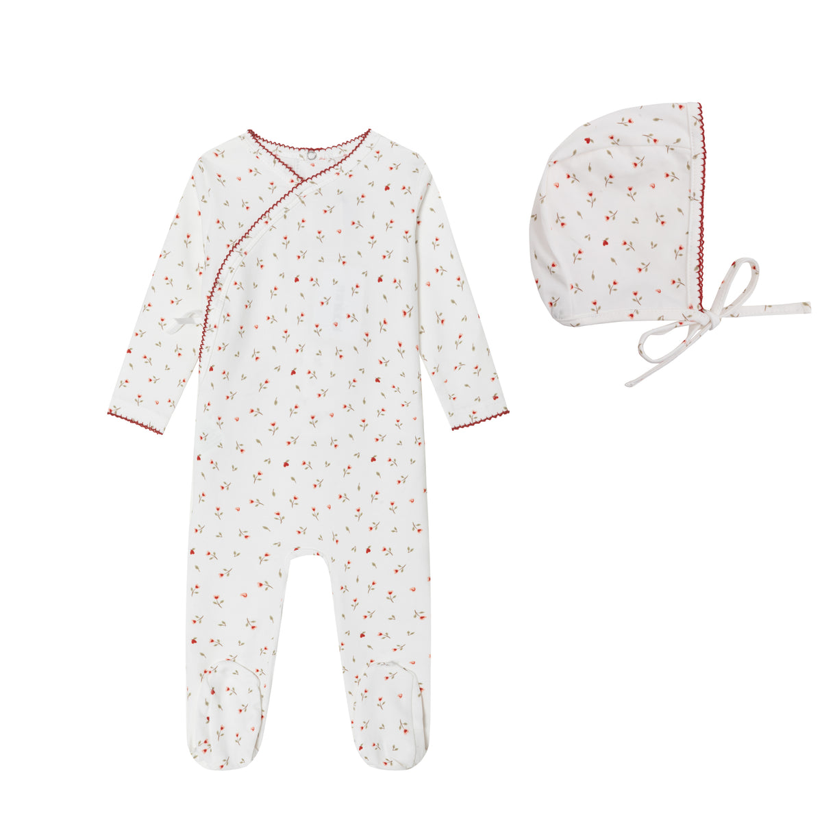 Cream Heart Printed Kimono Footie and Bonnet - Girls