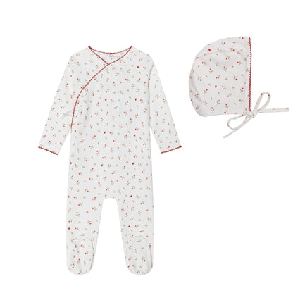 Cream Heart Printed Kimono Footie and Bonnet - Girls