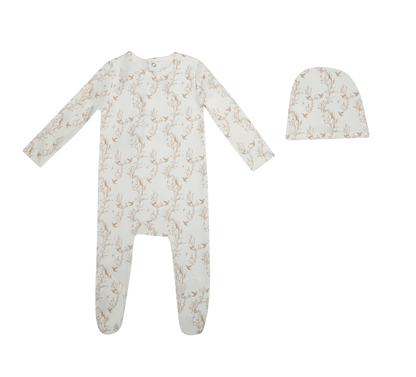 Printed Bird Footie and Hat - Biege