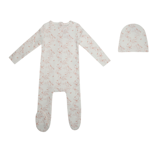 Printed Bird Footie and Hat - Pink