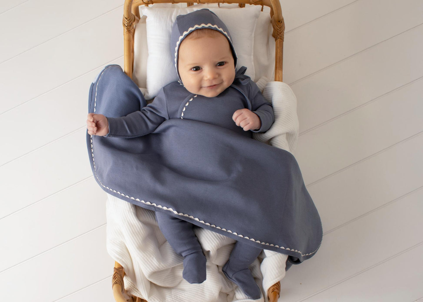 Classic Ric Rac Footie-White on Blue